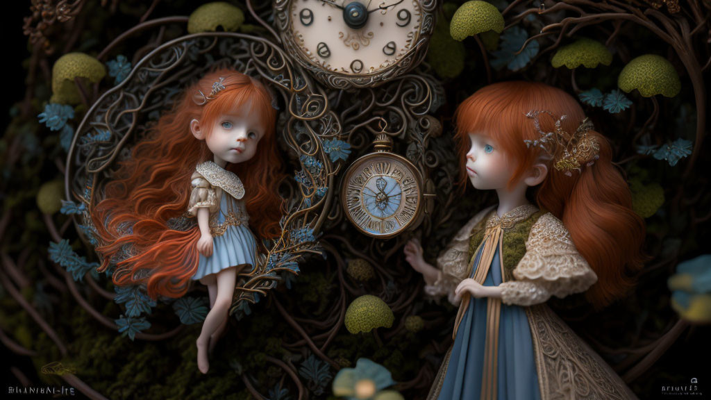 Red-haired fantasy dolls in intricate dresses amidst whimsical clockwork design.