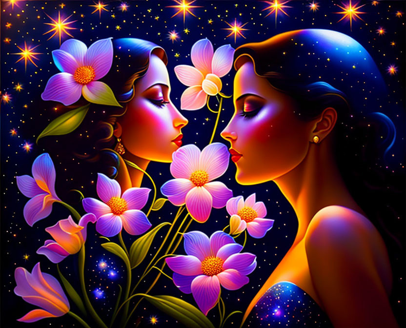 Colorful Stylized Art: Two Women Profiles with Floral Motifs