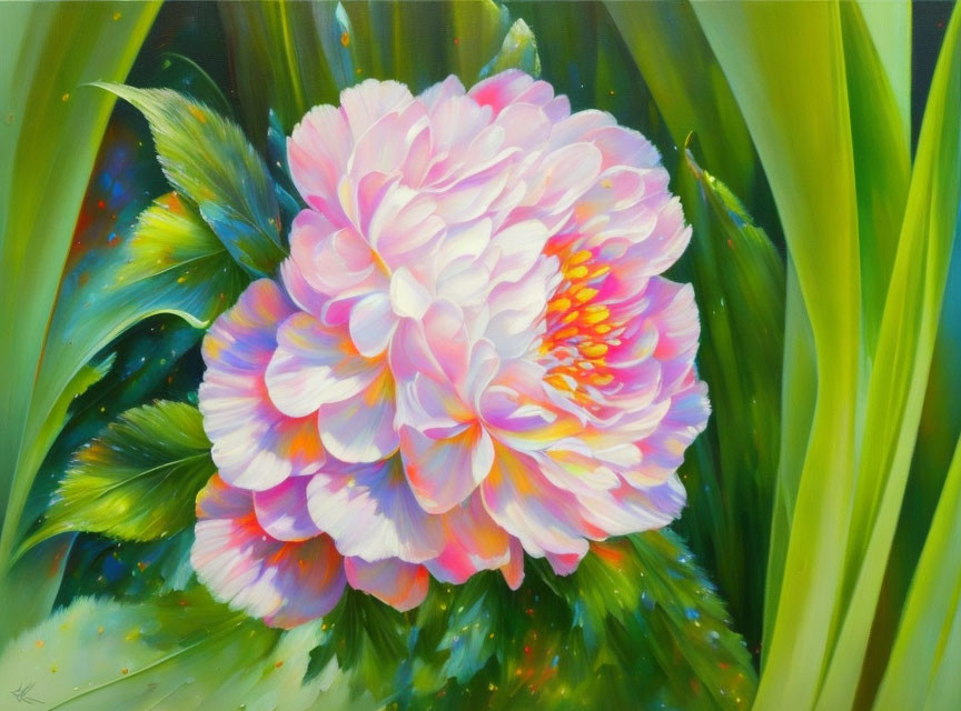 Colorful painting of large pink peony with yellow highlights and green foliage.