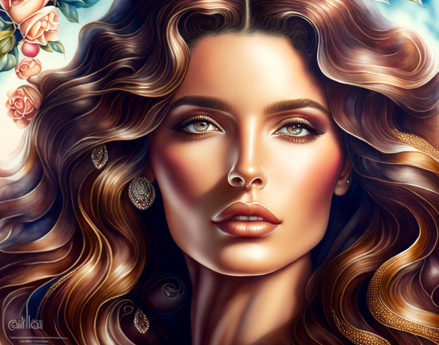 Woman with flowing curly hair, striking eyes, full lips, rose motifs, shimmering earrings