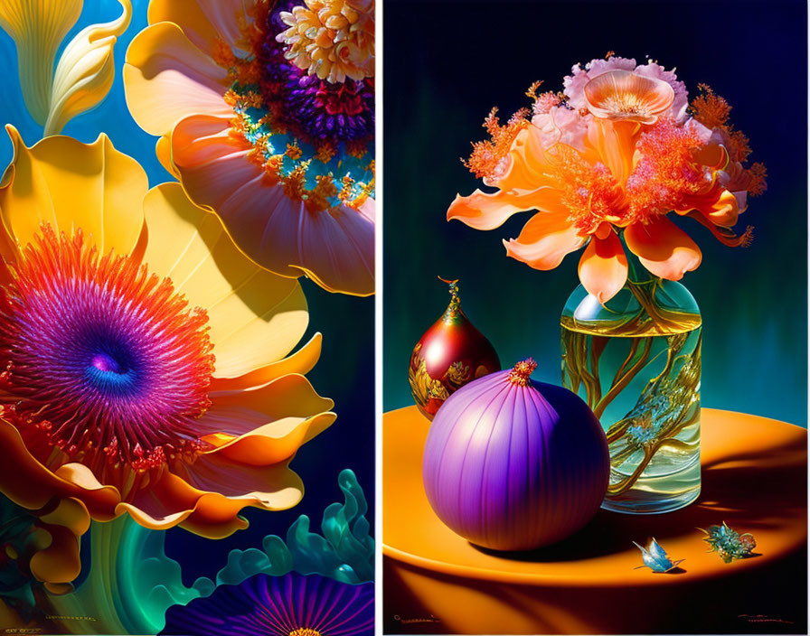 Colorful digital artwork of two vibrant floral compositions with exaggerated details, including a large yellow flower, orange