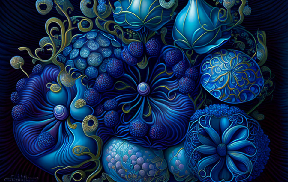 Intricate Blue Floral Digital Artwork on Dark Background