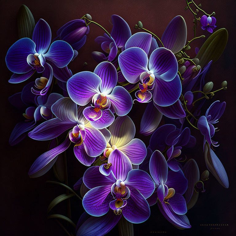 Detailed digital illustration of lush purple orchids on dark background