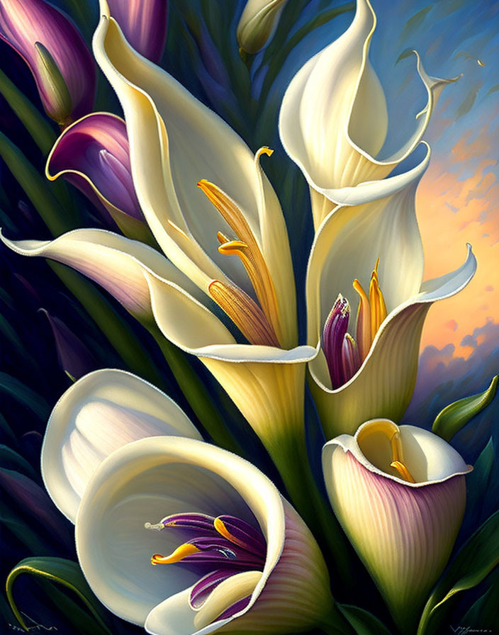 White and Purple Calla Lilies Painting with Sky Background