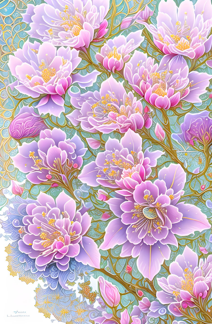 Detailed Pink and Lavender Peonies Illustration on Light Blue Background