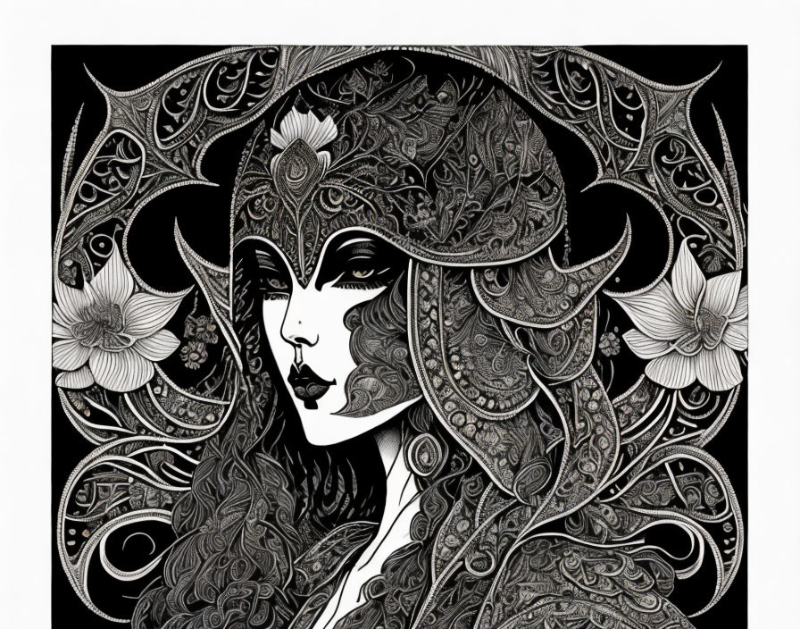 Detailed black and white woman illustration with paisley and floral motifs