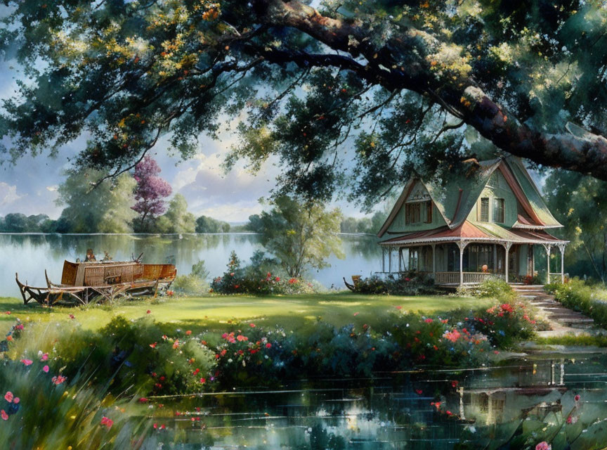 Tranquil lakeside house with garden, tree branch, dock, rowboat