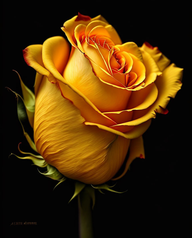 Vivid Yellow Rose with Red Edges on Dark Background