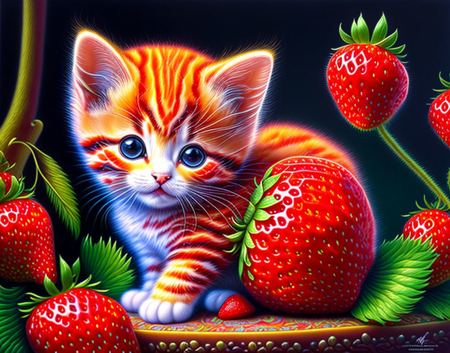 Orange Tabby Kitten with Expressive Eyes Beside Ripe Strawberries