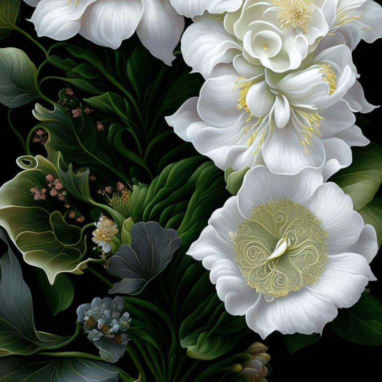 Detailed White Flowers Illustration on Dark Background