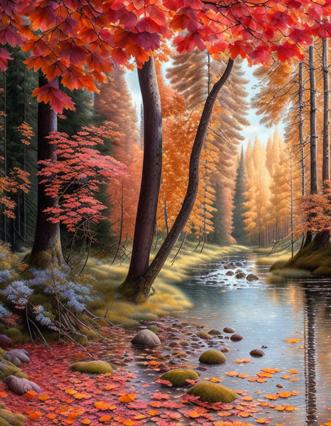 Tranquil autumn forest creek with vibrant red and orange leaves