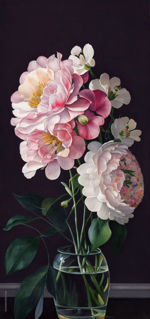 Realistic pink and white flower bouquet in glass vase on dark background