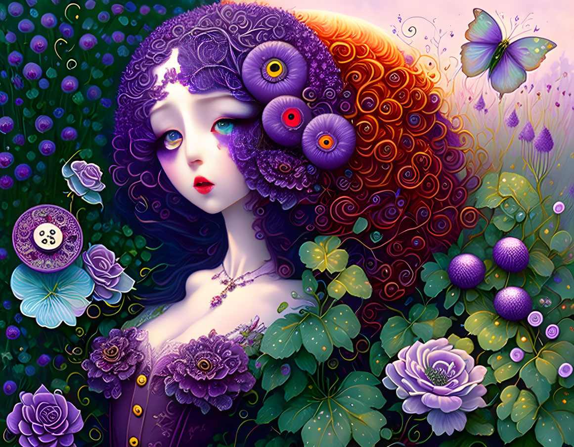 Colorful illustration of woman with purple floral hair surrounded by butterflies & flowers