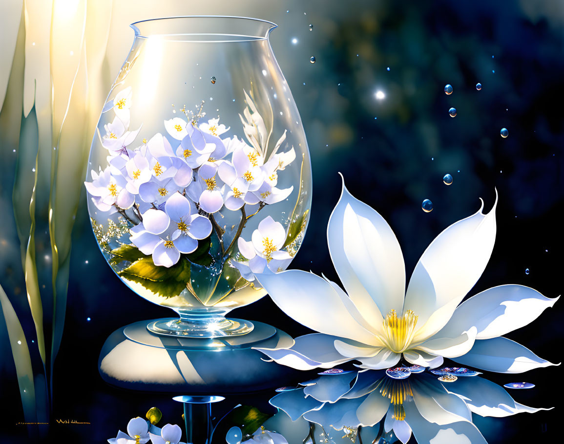 Translucent vase with white flowers in digital artwork