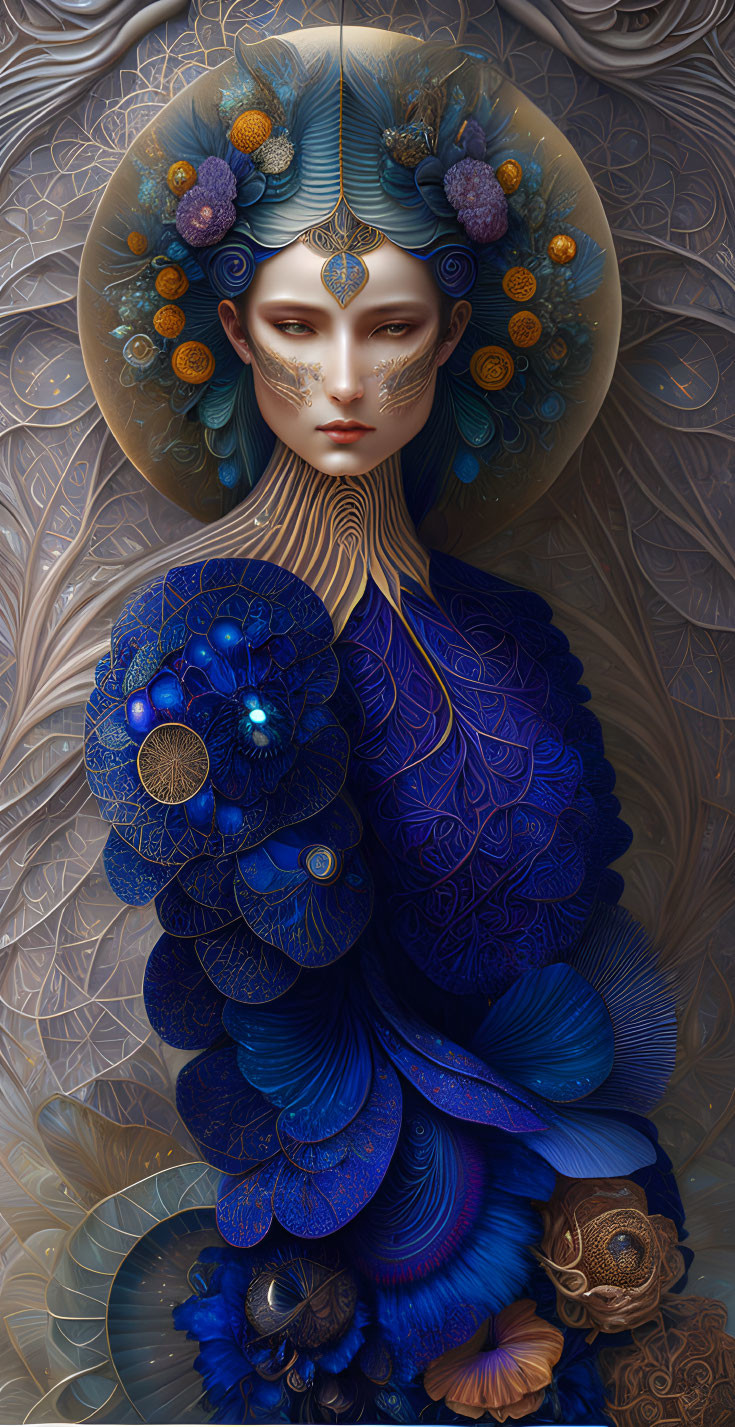 Woman adorned with peacock feathers and jewelry in rich blues and golds on textured background