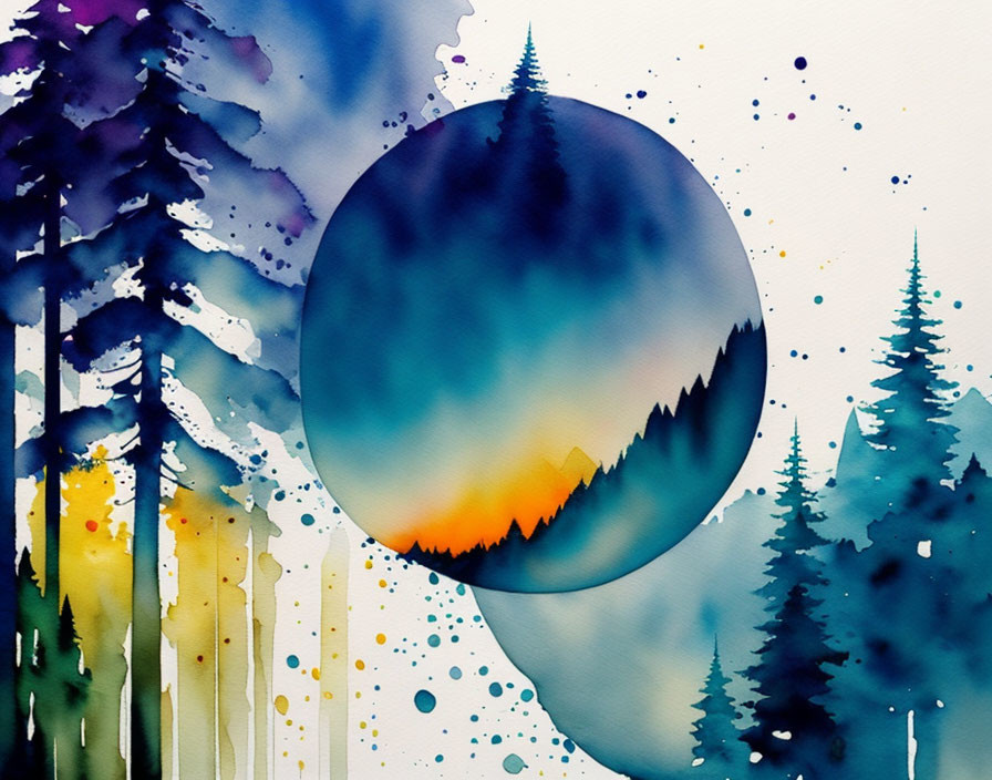 Vibrant watercolor forest scene with circle mountain at sunset