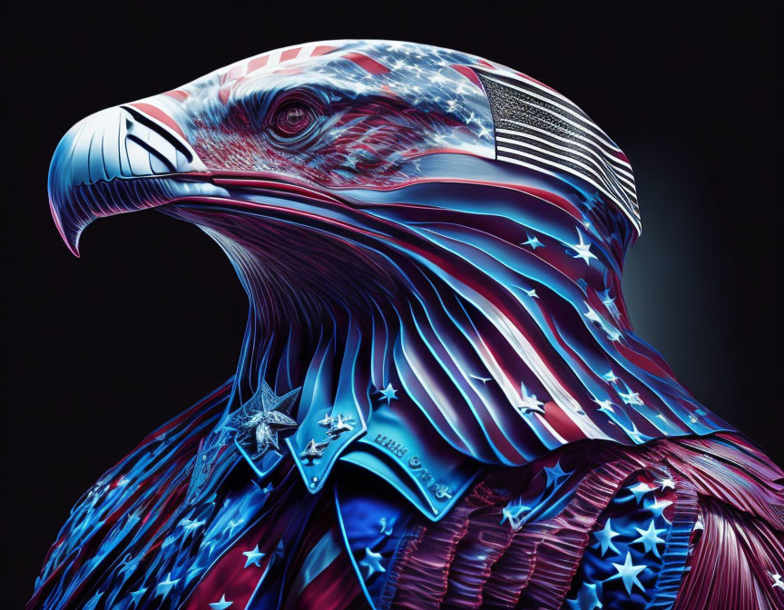 Illustration of eagle with American flag feathers and face, stars, stripes, blue color