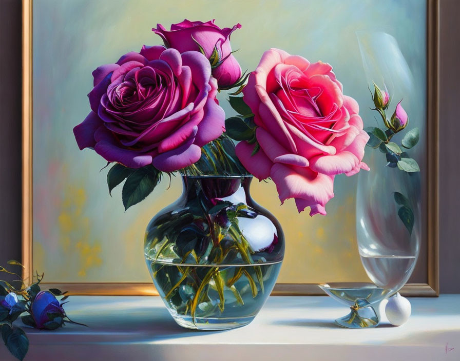 Pink roses in clear vase on windowsill with soft light and glass nearby