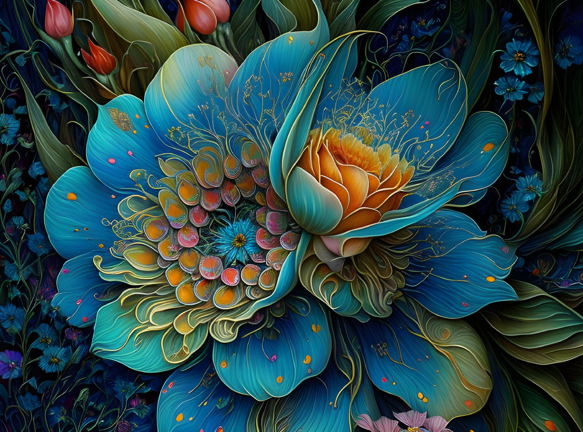 Detailed Digital Artwork: Oversized Stylized Blue Flower on Dark Floral Background