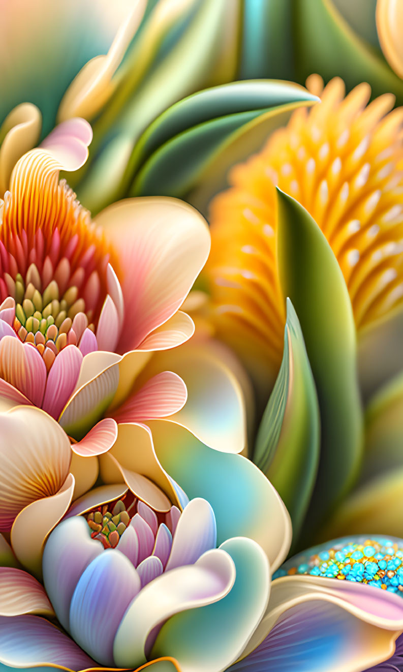 Stylized digital art: vibrant flowers, gradients, textures, pastel colors