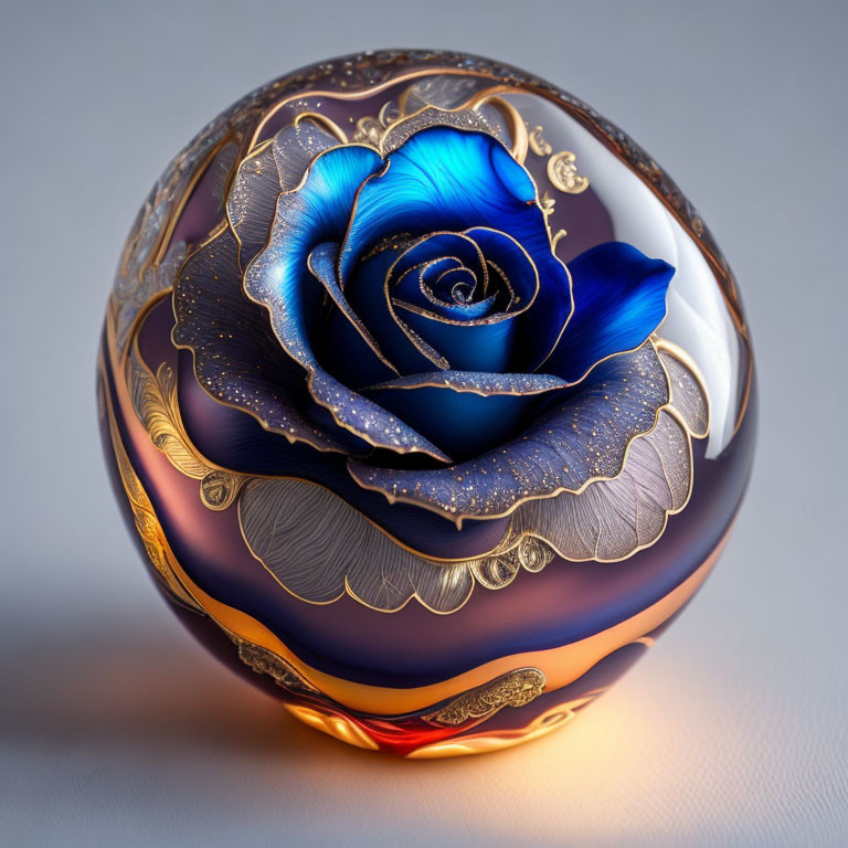 Blue Rose Decorative Orb with Gold Accents on Gradient Background