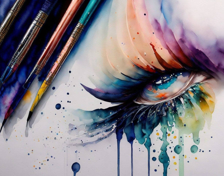 Colorful Watercolor Painting of Human Eye with Dripping Colors and Paintbrushes