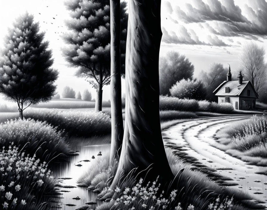 Serene grayscale landscape with winding path, small house, trees, river, ducks, flowers