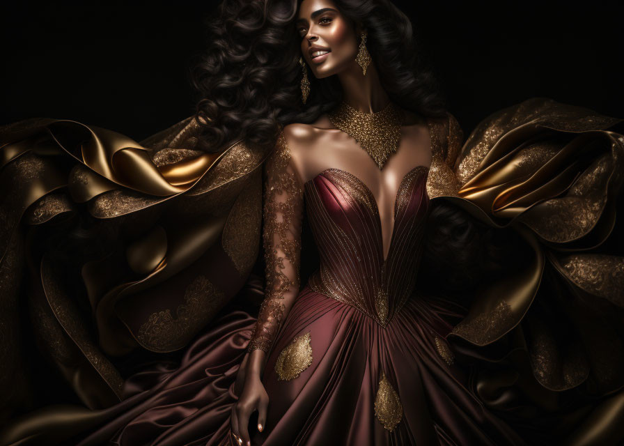 Woman with voluminous curls in maroon dress and gold jewelry against dark backdrop