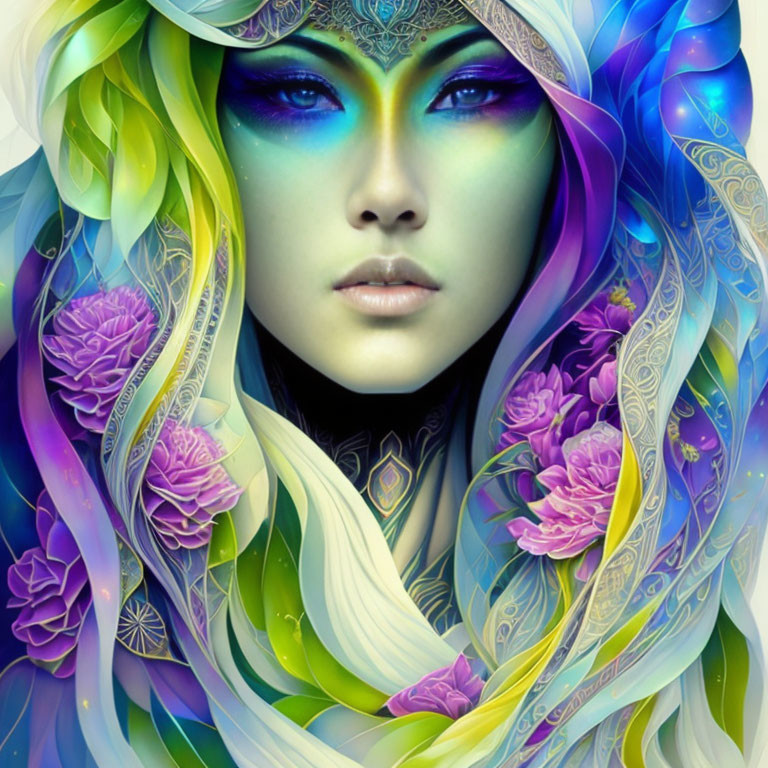 Digital artwork: Woman with blue skin, multicolored hair, and intricate patterns