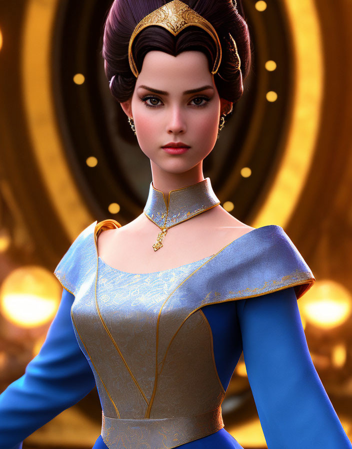 Elegant 3D-animated female character in blue dress on golden background