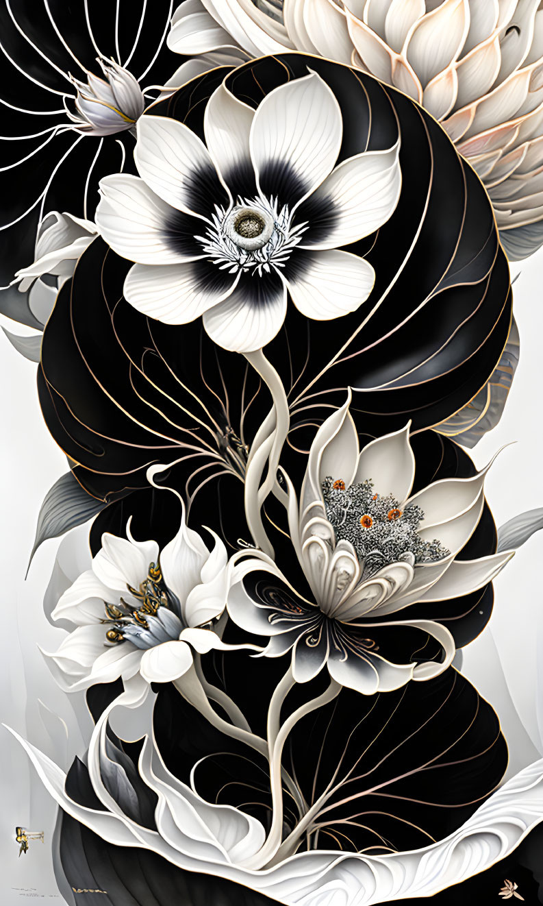 Monochrome floral illustration with dark petals and gold accents