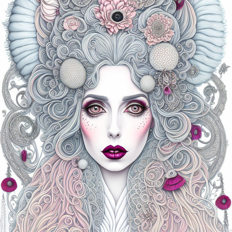 Illustrated female figure with intricate floral hair in soft pastel colors