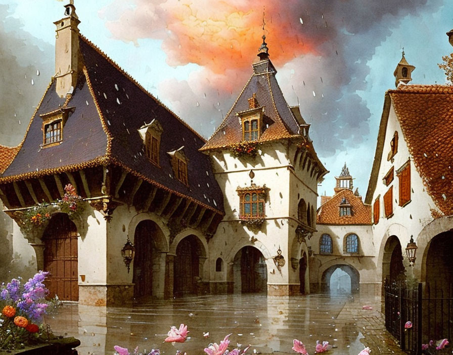 European-style village digital painting with cobblestone streets, charming buildings, flowers, vibrant sunset, and