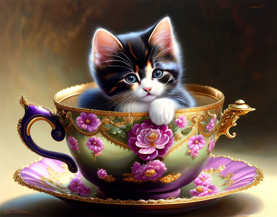 Adorable black and white kitten with blue eyes in gold-trimmed teacup