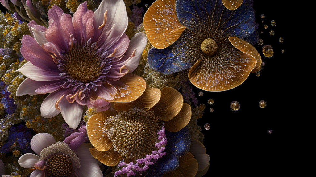 Detailed Fantasy Flowers Artwork on Dark Background with Bubbles