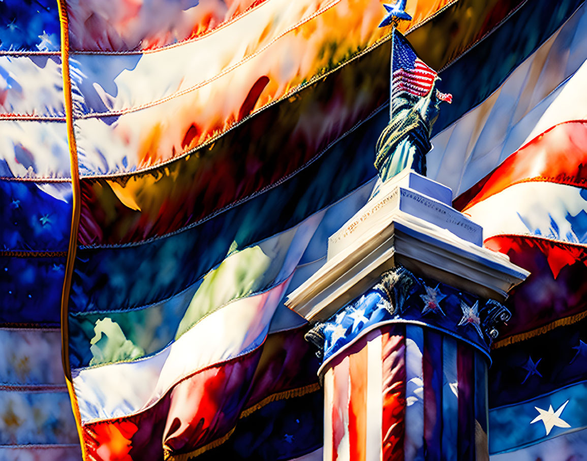 Statue of Liberty surrounded by American flags with vibrant filter effect