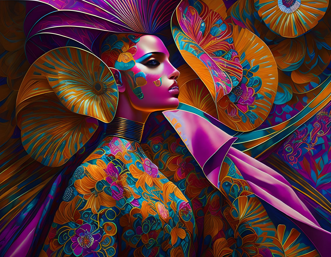 Colorful digital artwork: Woman adorned with ornate floral patterns