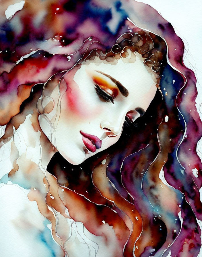 Vivid watercolor portrait of a woman with curly hair in cosmic setting