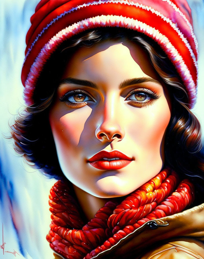 Detailed Digital Painting of Woman in Red Beanie and Scarf