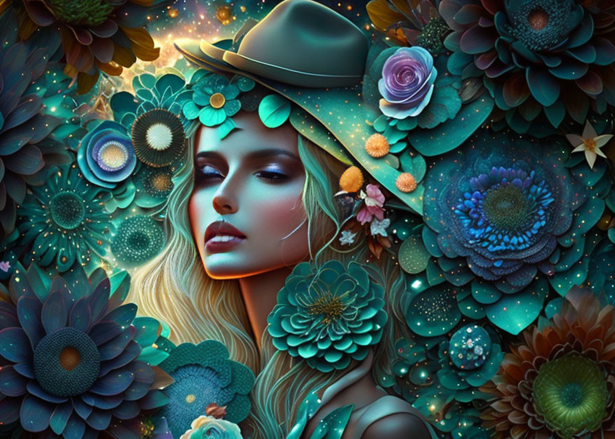 Digital Artwork: Fair-skinned woman in teal and blue floral setting with wide-brimmed hat