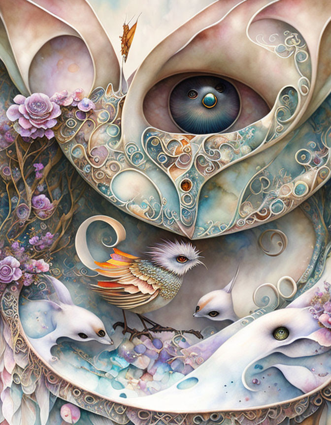 Fantastical painting with eye, spirals, flowers, and animals