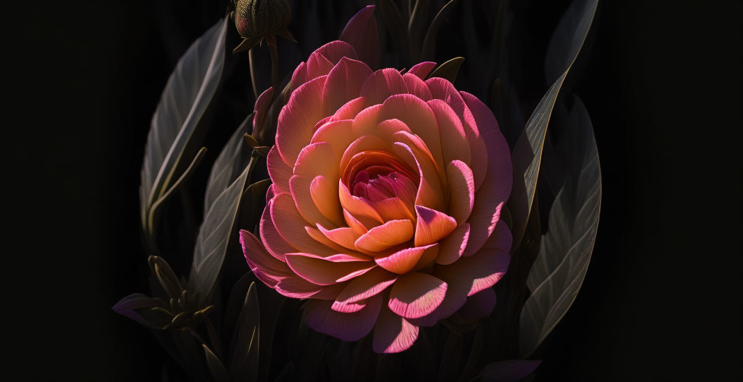 Vibrant pink flower with glowing effect in dark, moody setting