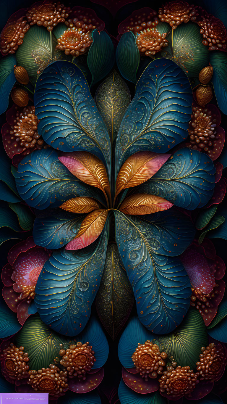 Symmetrical digital artwork: Vibrant feather-like leaves in blues, golds, and purples