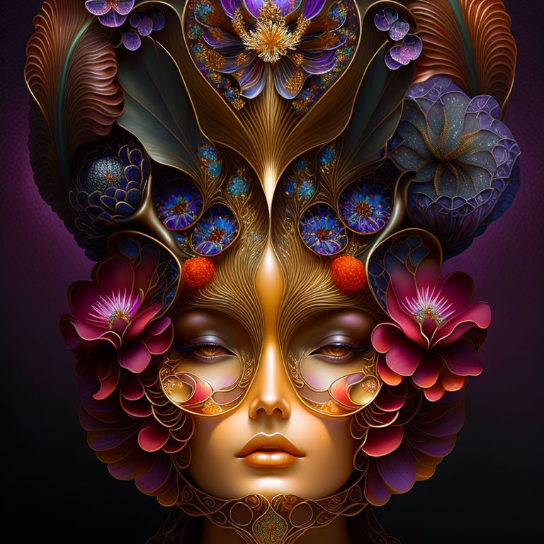 Stylized digital artwork featuring ornate floral and peacock feather adornments