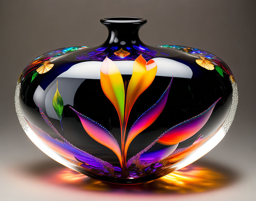 Colorful flame-like patterns on iridescent glass vase against dark backdrop