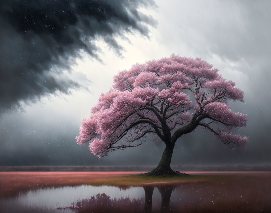 Cherry Blossom Tree in Bloom by Calm Lake During Rainstorm