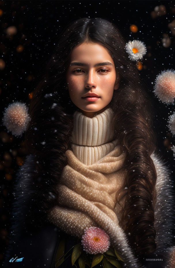 Woman with Long Wavy Hair in Turtleneck and Fur Coat in Snowy Scene