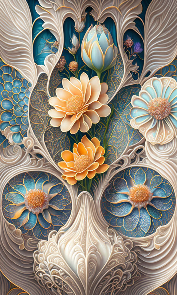 Detailed floral artwork: Blue & orange stylized blossoms with swirling patterns