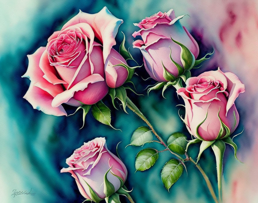 Detailed Pink Rose Artwork on Multicolored Background