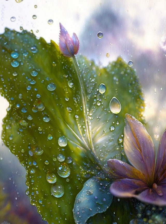 Close-up Leaf with Water Droplets and Purple Flowers in Soft-focus